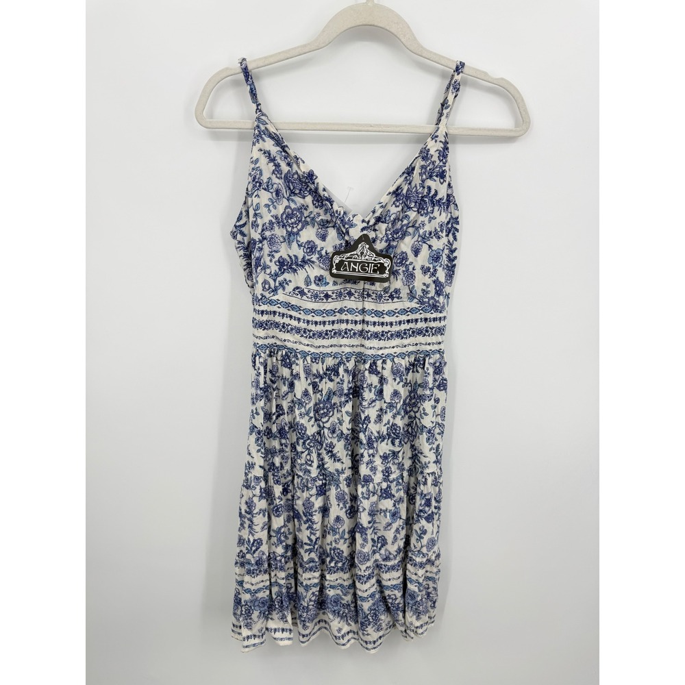 Angie F4H24-FP95‎ Floral Mini Dress Women Small Ivory Blue Smocked Tiered Boho